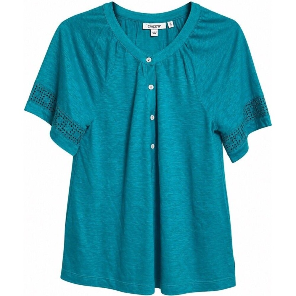 Chico’s Women’s Size Small 100% Linen Teal Boho Embroidered Short Sleeve Top